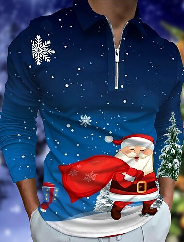  jul herre julescene 3d glidelås polo krage golf julenisse krage rød gate lange armer glidelås klær klær mote uformelt pustende komfortabel