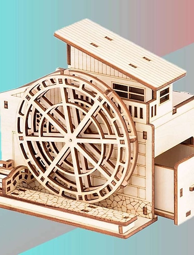  ručně vyráběné dřevěné sestavené vodní kolo držák pera model dřevěný 3D trojrozměrný puzzle vzdělávací hračka dětský dárek-vodní kolo 95 x 117 x 113 mm