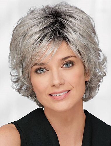  Dark Brown Mixed Blonde Wig Brown with Highlights Pixie Cut Wigs for White Women with Bangs Short Wavy Synthetic Wig Natural Real Hair Christmas Party Wigs