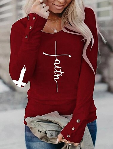  Damen T Shirt Burgunderrotes T-Shirt Graphic Langarm Rundhalsausschnitt Normale Oberteile Casual Knopf Schwarz Weiß Wein Herbst Winter faith