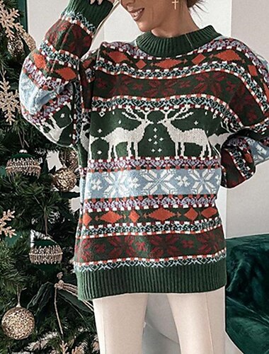  Mujer Suéter navideño feo Suéter de punto Puente Croché Tejer De Punto Animal Cuello Barco Elegante Casual Exterior Navidad Invierno Otoño Verde Trébol Marrón S M L / Manga Larga / Fin de semana