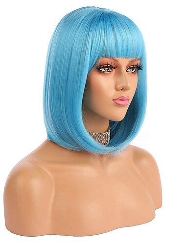  Perucas curtas de cabelo bob 12 retas com franja plana sintética colorida cosplay peruca de festa diária para mulheres natural como cabelo real