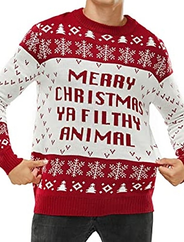  ruma joulupusero miesten hauskat neuleet kirjain neulottu villapaita neulepusero uudenvuodenaattona pusero työ päivittäin pitkähihaiset villapaita tummanpunainen valkoinen punainen