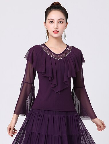  Latin Dans ballroom dans Top Ren Farve Krystal / Rhinsten Tyl Dame Ydeevne Træning Langærmet Høj Terylene