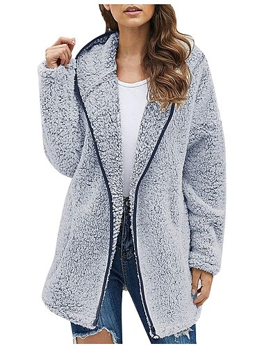  felpa con cappuccio con cerniera da donna, giacca in pile, cardigan vintage in peluche, soffice, tinta unita, casual da strada, per le vacanze, con cappuccio, tasca con cerniera, manica lunga, nero,