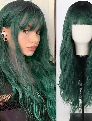  lång mörkgrön peruk med lugg ombre lockig grön peruk för kvinnor lång mörkgrön cosplay peruk syntetisk naturlig söker dagliga och fest julfest peruker st.patrick's day peruker