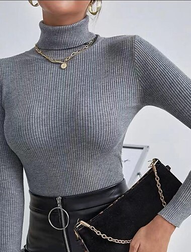  Damen Pullover Basic Brautkleider schlicht Feste Farbe Gerippt Rollkragen Strick Dünn Langarm Stricken Täglich Schwarz Weiß Herbst Winter