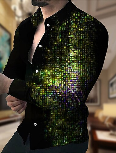  رجالي ألوان متناوبة نموذج هندسي قميص كم طويل موضة مصمم كاجوال مناسب للبس اليومي الأماكن المفتوحة عطلة للربيع والصيف قبة طباعة ثلاثية الأبعاد زر أسفل أسود أصفر أرجواني أخضر