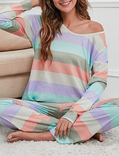  Mujer Pijamas Camisón Conjuntos 2 Piezas Arco iris Raya Moda Confort Suave Hogar Diario Cama Algodón Transpirable Escote en V Manga Larga Camiseta Pantalón Primavera Otoño Amarillo Azul Piscina