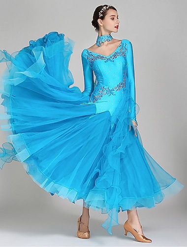  Tiodans Klänning Strass Broderad Dam Prestanda Träning Långärmad Elastan Organza