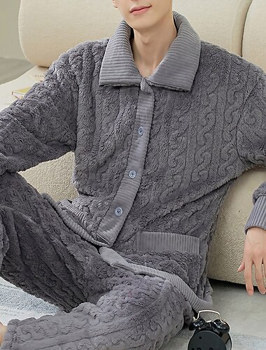  Hombre Pijamas Ropa de salón Conjuntos Color puro Básico Moda Confort Hogar Coral Fleece Coral Velvet Templado Diseño Manga Larga Pantalón Botón Bolsillo Invierno Otoño Azul cielo Vino / Felpa