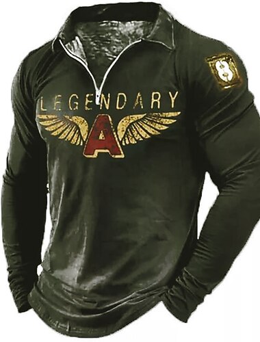  Mannen's Lange Mouwen Graphic T-Shirt met 'Legendary A' Print Vintage Stijl Halve-Zip Kraag
