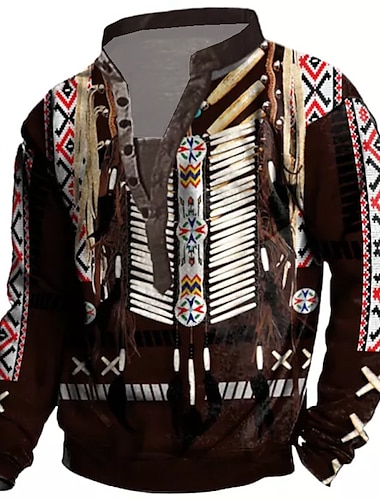  Thanksgiving Native American Jacket Mens Graphic Hoodie Sweatshirt Pullover Button Up Coffee Standing Collar Prints Casual Daily Sports 3D Boho Festival Brown Cotton
