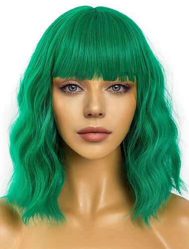  pelucas bob cortas con flequillo para mujer peluca verde ondulada suelta peluca ondulada ondulada hasta el hombro bob peluca cosplay sintética para niña pelucas coloridas para fiesta de navidad