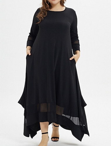  naisten plus-koon kaareva rento mekko puhtaan värin pyöreä pääntie 3/4-hihainen kevät syksy rento maxi pitkä mekko päivittäinen lomamekko musta mekko