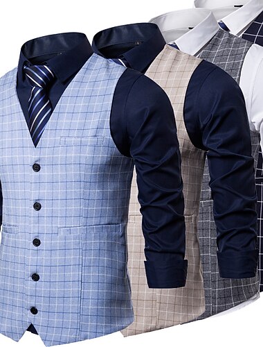  Hombre Chaleco Boda Ropa Cotidiana Noche Festival Negocios Básico Otoño invierno Bolsillo Poliéster Transpirable Suave Cómodo Plaid Botonadura Simple Escote en Pico Ajuste regular Color Camello Color