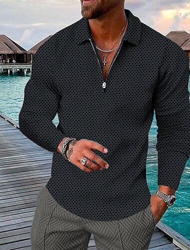  Herren Geometrisch Hawaiianische Polohemden Golfshirt Langarm Polo-Shirts Hemden mit Kragen Lässig Strandbekleidung Urlaubskleidung Party-Outfits 3D-Druck Viertelreißverschluss-Poloshirt Gelb Rote