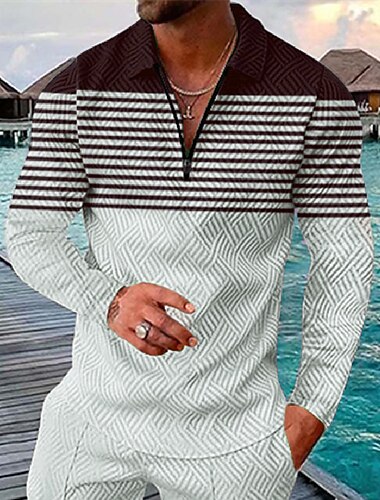  Homme Rayé Polos Hawaïens Chemise de golf manche longue Polos Chemises à Col Occasionnel Tenue de plage Vêtements de vacances Tenues de fête Impression 3D Polo à fermeture éclair 1/4 Noir Rouge bleu