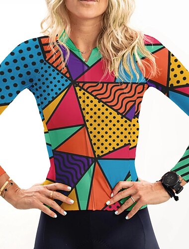  Femmes Maillot de cyclisme Géométrique Géométrie Drôle manche longue Cyclisme Maillot Top avec 3 poches arrière VTT Vélo tout terrain Cyclisme sur route Séchage Rapide Bandes réfléchissantes Poche