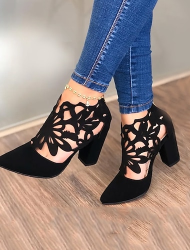  escarpins noirs à talons blocs découpés pour femmes – chaussures élégantes à bout pointu avec motif floral pour les fêtes ou les tenues de soirée
