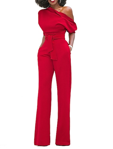  Dames Normaal Jumpsuit Elegant Effen Kleur Halve mouw Eén-schouder Zak Hoge taille Bruiloft Feest Normale pasvorm Zwart Wit Geel Herfst