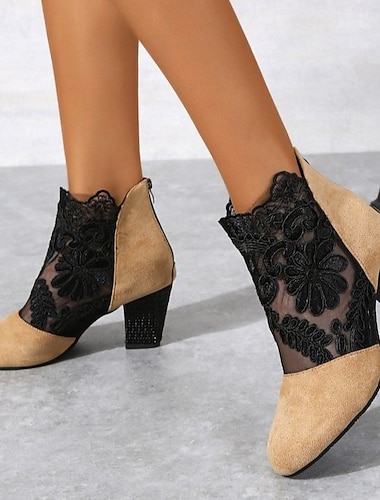  bottines brodées en dentelle noire pour femmes avec talon bloc - chaussures élégantes pour les événements en soirée