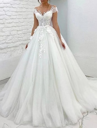  Ausgefallene Hochzeitskleider Ballkleid V Ausschnitt Gurte Kirchen Schleppe Spitze Brautkleider Mit Applikationen 2024