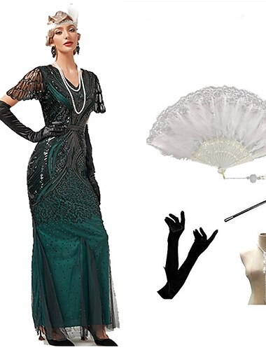  Vintage inspiriert Der große Gatsby Lange Länge Flapper Kleid Kleid Outfits Illusionsärmel Der große Gatsby Hochzeitsgast Pailletten Pailletten Halloween V Ausschnitt Damen Halloween Maskerade
