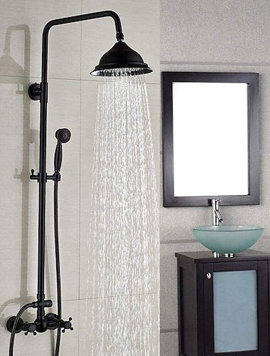  Vintage Shower System Faucet Combo Set Ceramic Mixer Valve, 8 inch Brass Rainfall Shower Head Showerhead with Handheld Spray, Antique Wall Mounted Tub and Shower Kit Bathroom Bath