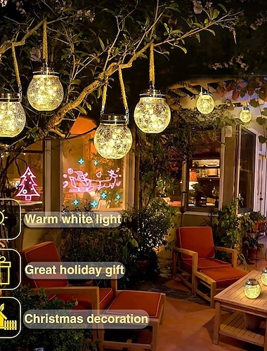  Luces solares para tarros de grietas, bola colgante de cristal, linternas solares led, lámpara solar de los deseos, lámpara impermeable para exteriores, decoración de jardín, luces de árbol, fiesta de