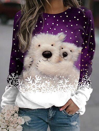  Pullover für Damen, blaugrün, Winter, Eisbär-Grafik, langärmelig, Rundhalsausschnitt, Urlaub, festlich, lässig, bequeme Passform, Schneeflockenmuster, Übergröße