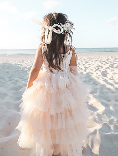  Prinzessin Boden-Länge Blumenmädchenkleid Erstkommunion Süßes Ballkleid Baumwollmischung mit Spitze Gestuft Ballettröckchen Fit 3-16 Jahre