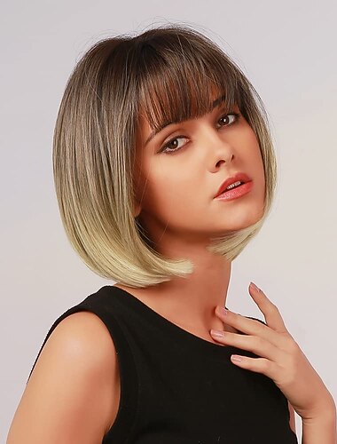  blond bob peruk med lugg - 12'' kort blond peruk för kvinnor naturlig look färg peruk med lugg supermjuk och lätt att bära rak bob peruk syntetisk peruk för daglig halloween