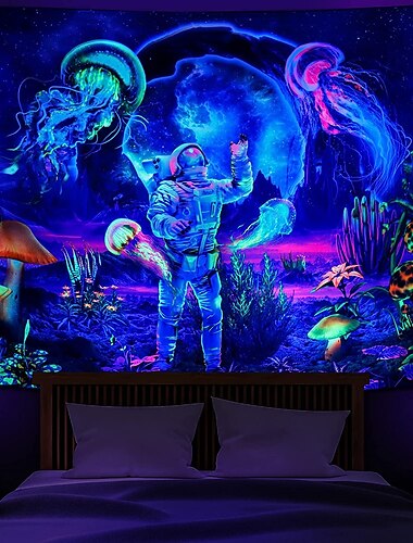  Tapisserie à lumière noire réactive aux UV qui brille dans le noir, décoration murale suspendue, néon, astronaute, psychédélique, trippant, brumeux, pour salon, chambre à coucher