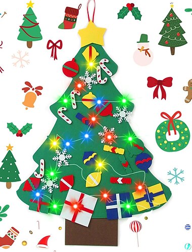  árbol de navidad de fieltro diy con adornos de luces artesanales para niños con 30 piezas desmontables y 40 luces led de colores, adornos navideños diy para niños pequeños regalos de navidad decoraciones para colgar en la pared de la puerta