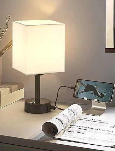  مصباح بجانب السرير مع منفذ USB - مصباح طاولة للتحكم باللمس لغرفة النوم منضدة خشبية مع غطاء من قماش الكتان المستدير لغرفة المعيشة والمبنى والمكتب المنزلي (لمبة LED متضمنة)
