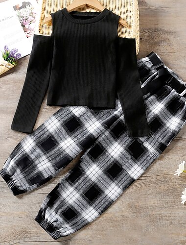 kinderkleidung Mädchen Plaid Rundhalsausschnitt Hosenanzug einstellen Langarm bezaubernd Outdoor Baumwolle 7-13 Jahre Winter Schwarz / Herbst