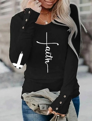  Dam T-shirt Burgundy t-shirt Knappar Grafisk Långärmad Rund hals Vanliga toppar Ledigt Svart Vit Vin Höst vinter faith