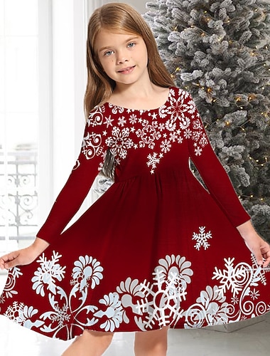  Παιδιά Κοριτσίστικα Χριστουγεννιάτικο φόρεμα Φόρεμα Φόρεμα νιφάδα χιονιού Χιονονιφάδα Μακρυμάνικο Causal Λαιμόκοψη Λατρευτός Πολυεστέρας Πάνω από το Γόνατο