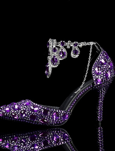  Zapatos de fiesta con diamantes de imitación de cristal para mujer con adornos de piedras preciosas moradas y cadena de joyería para el tobillo: elegantes tacones de aguja para fiestas
