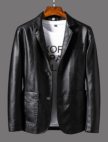  Homme Simili Cuir Bureau et carrière Usage quotidien Chaud Poche Bouton bas Printemps & Automne Couleur unie / unie mode Guêtres Col rabattu faux cuir Jaune foncé Vin Noir Veste