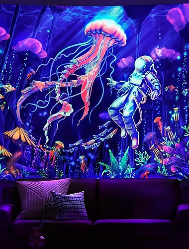  méduse astronaute lumière noire uv réactif tapisserie psychédélique trippy dortoir salon art décoration tissu suspendu