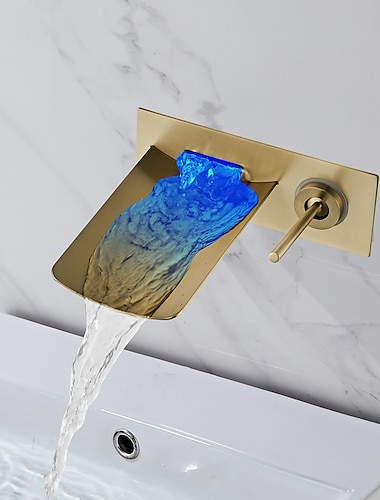 Grifo mezclador de lavabo de baño led, caño de cascada, temperatura del agua de 3 colores, grifos de lavabo, grifos de baño de dos orificios montados en la pared de latón con manguera fría y caliente