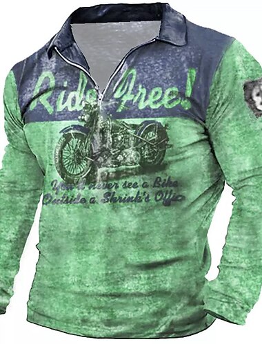  Camiseta Gráfica Vintage Masculina de Moto de Manga Longa - Camiseta de Biker Ride Free com Citação Anti-Encolhimento Roupas para Motociclistas
