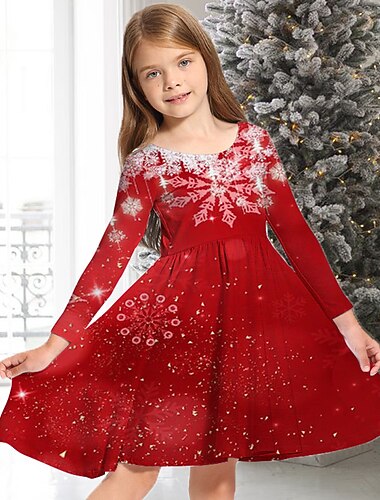  子供 女の子 クリスマス･ドレス ドレス スノーフレークドレス スノーフレーク柄 長袖 カジュアル クルーネック 愛らしい 日常 ポリエステル 膝上 カジュアルドレス スイングドレス A ラインドレス 秋 冬 3〜10年 マルチカラー ブラック シャンパン