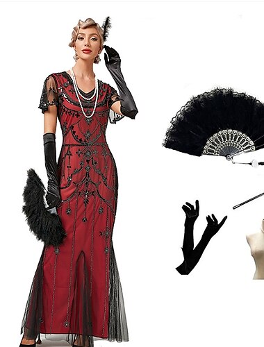  Ispirato al vintage Il grande Gatsby Lunghezza lunga Abito Flapper Vestito Abiti Manica illusione Il grande Gatsby Invitato al matrimonio Paillettes Paillettes Scollo a V Per donna Halloween