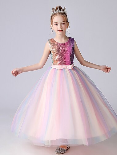  Princess Floor Length Flower Girl Dress Christmas Rainbow Unicorn Girls Cute Prom Dress Polyester / Cotton with Sash / Ribbon Rainbow Tutu Fit 3-16 Years