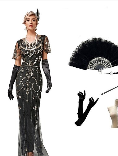  Ispirato al vintage Il grande Gatsby Lunghezza lunga Abito Flapper Vestito Abiti Manica illusione Il grande Gatsby Invitato al matrimonio Paillettes Paillettes Scollo a V Per donna Halloween