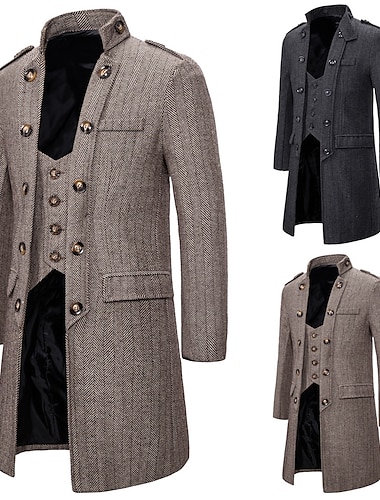  Hombre Abrigo de invierno Peacoat Abrigo Negocio Casual Invierno Mezcla de Algodón Mantiene abrigado Ropa de calle Ropa Elegante Clásico no imprimible Color sólido Bolsillo Escote Chino Botonadura