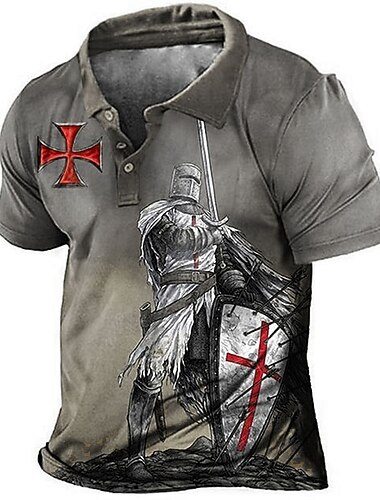  בגדי ריקוד גברים אבירים טמפלרים חולצות פולו חולצת גולף שרוולים קצרים חולצות פולו חולצות עם צווארון וינטאג' יום יומי בגדי נופש בגדי פסטיבלים תלבושות למסיבה כפתורים הדפסת תלת מימד פול חום קפה